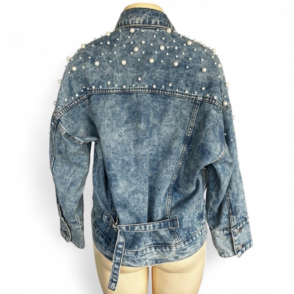 Women's Blue Pearl-Embellished Denim Jacket - Picture 3 of 5